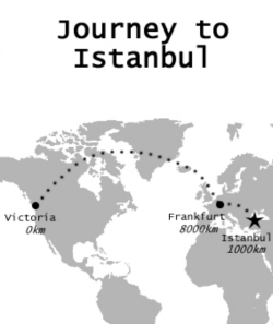map of trip from Victoria to Frankfurt and Istanbul